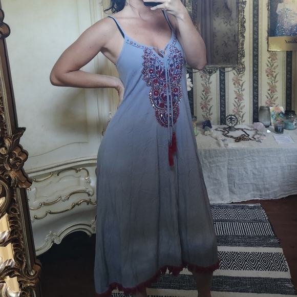 Boho Chic Embroidered Midi Dress in Blue and Red - Picture 1 of 4